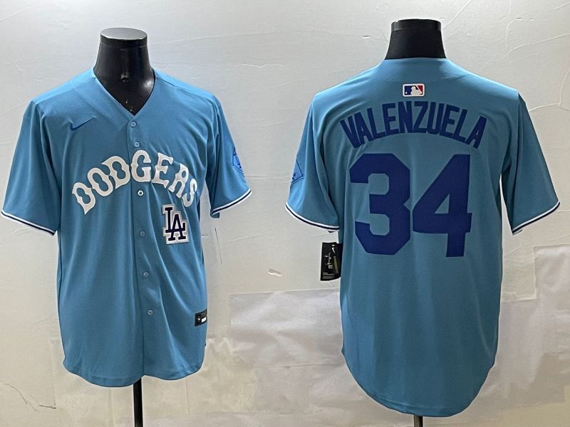 Men Los Angeles Dodgers 34 Valenzuela Light Blue Joint Name 2025 Nike MLB Jersey style 31623